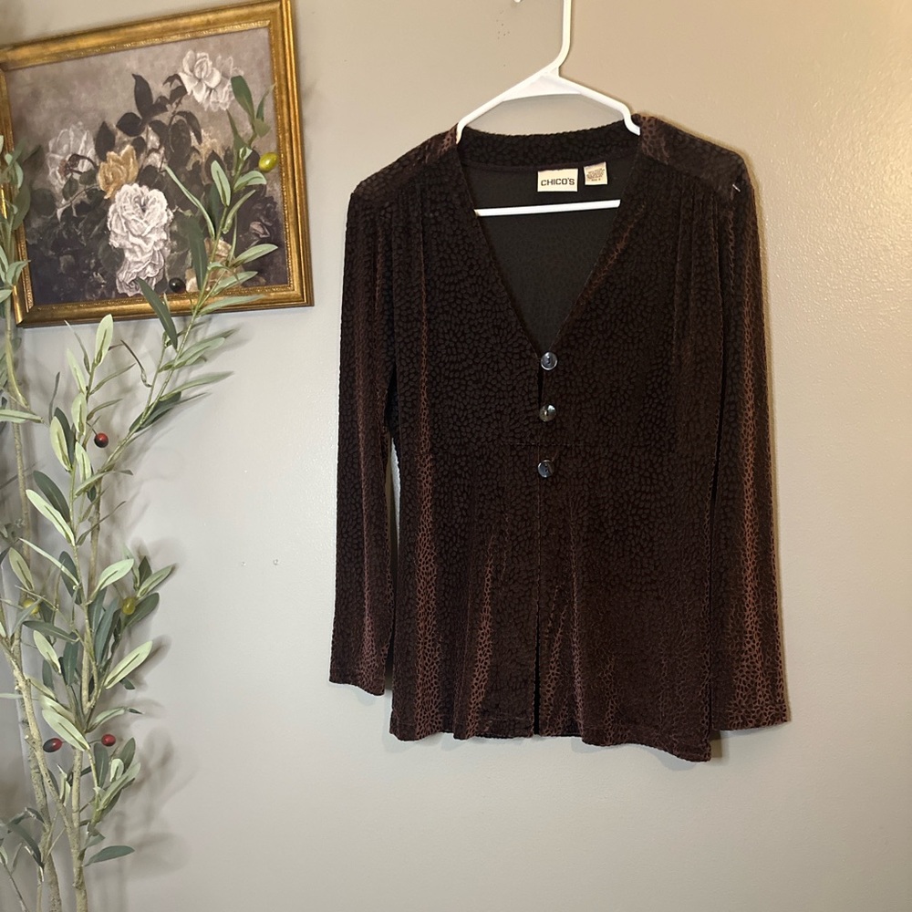 Chico’s Burnout Velvet Cardigan Brown Plum Textured Velvet Boho Peplum Top - Picture 3 of 9